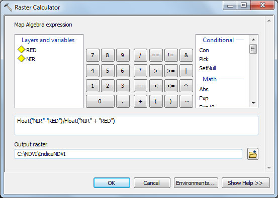 expresion indice NDVI en arcgis