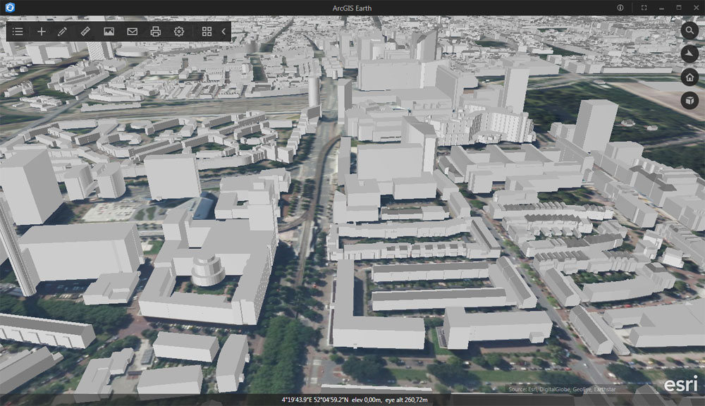 Vista 3D de ArcGIS Earth con extrusión de edificios