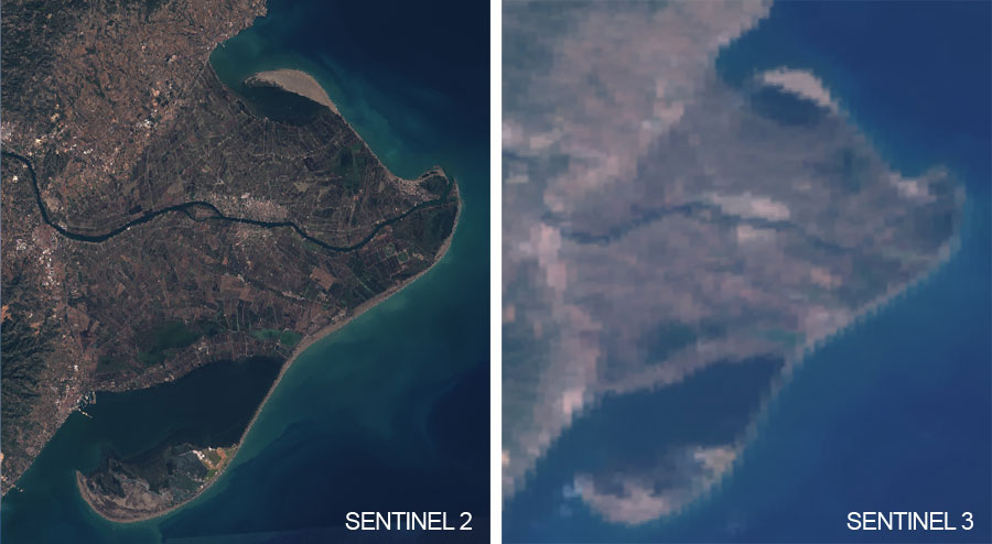 Resoluciones espaciales de Sentinel 2 y Sentinel 3