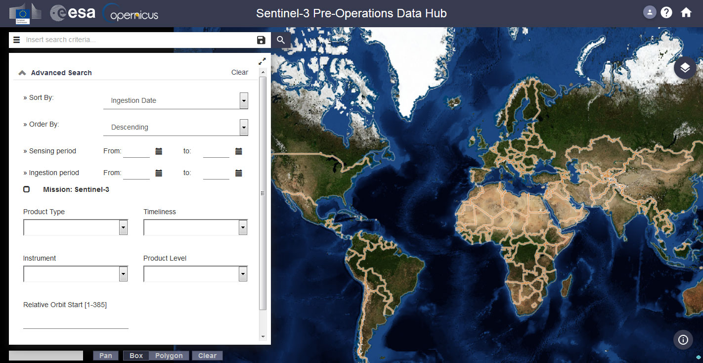 Filtros de búsqueda de Sentinel 3 Data Hub