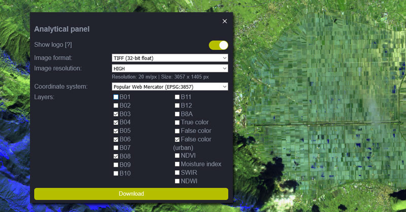 EO Browser: descarga de bandas satélite individuales