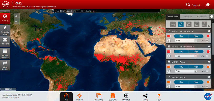 FIRMS, fuegos en tiempo real