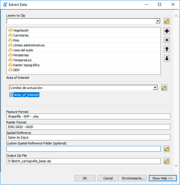 Extract Data: recorte masivo en bloque con función batch de ArcGIS