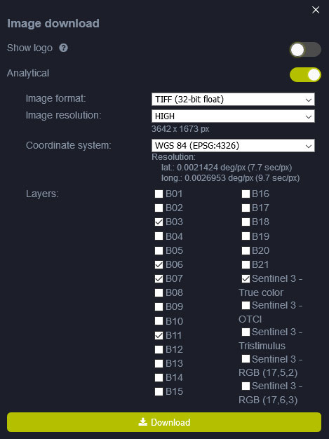 Descarga de imágenes satélite Sentinel 3 con EO Browser