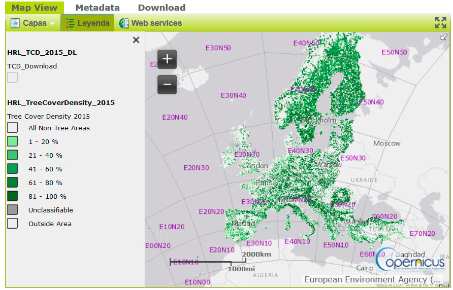 Descargar mapa forestal de densidad de cobertura arbórea de Copernicus