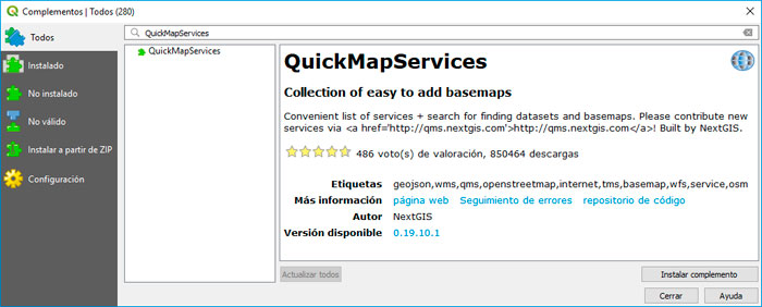 Descargar plugin QuickMapService para imágenes satélite