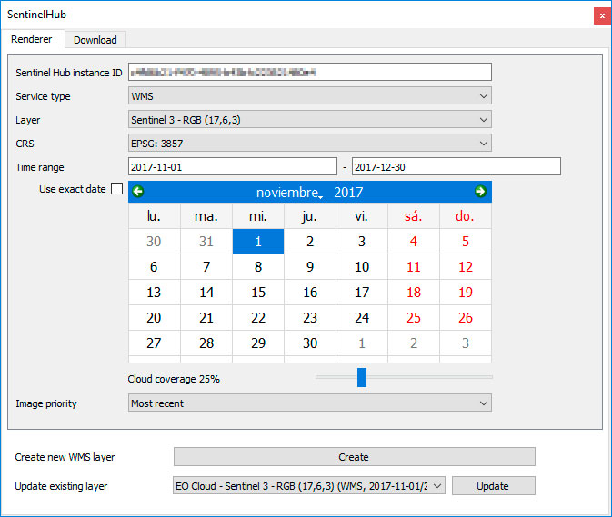 Configurador WMS Sentinel Hub para QGIS