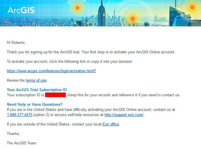 Confirmación de cuenta ESRI Trial