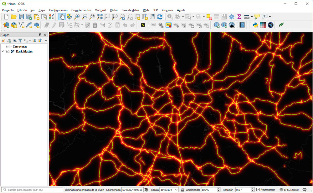 Estilo neon para mapas luminosos en QGIS