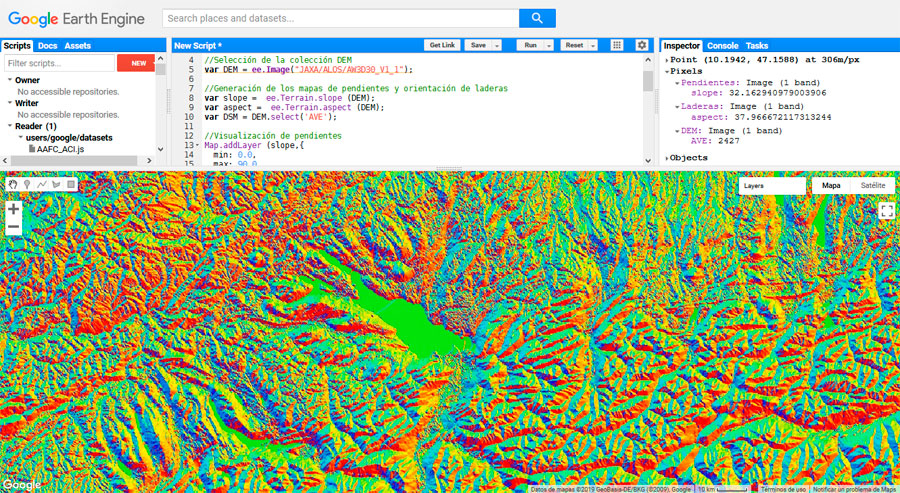 Mapas de pendientes y orientación de laderas en GEE