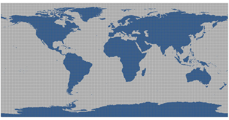 Malla mundial de paralelos y meridianos a 1 grado