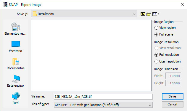 Exportar imágenes satelitales en SNAP