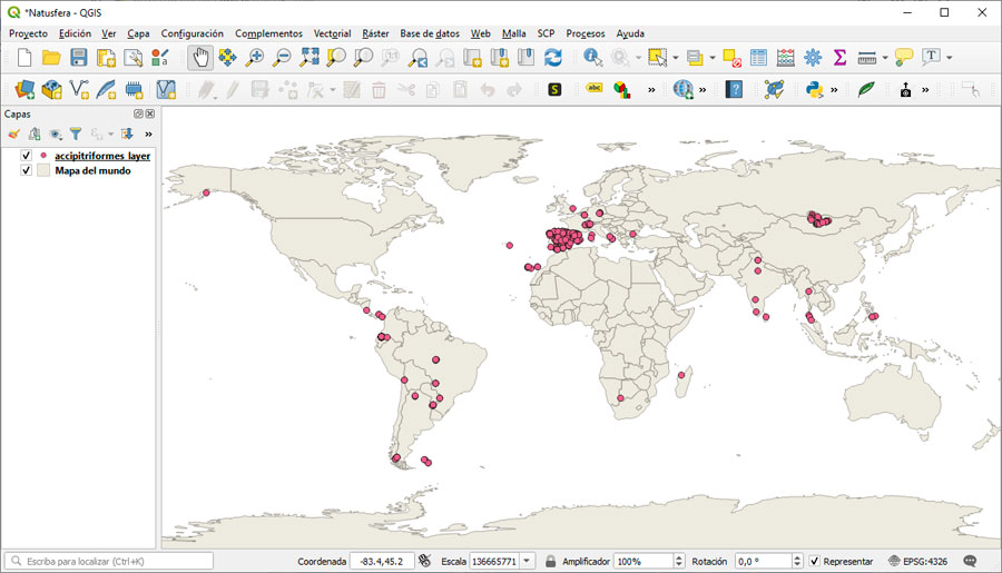 Natusfera, distribución cartográfica de especies mundiales