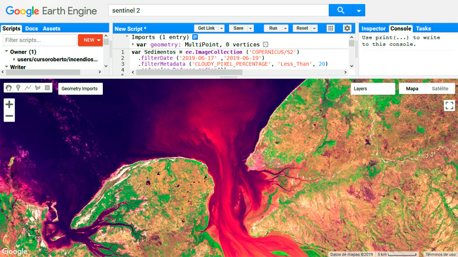 Análisis de sedimentos en imágenes satélite por multiplicación de bandas RGB