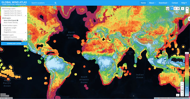 Recursos GIS eólicos: mapas de velocidad del viento