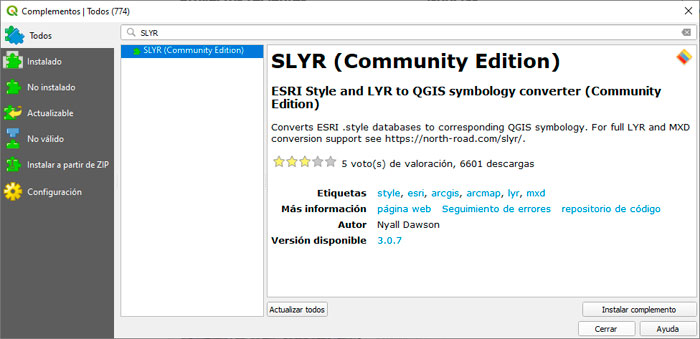 SLYR plugin para QGIS