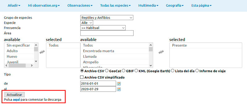 Descargar datos de distribución de especies