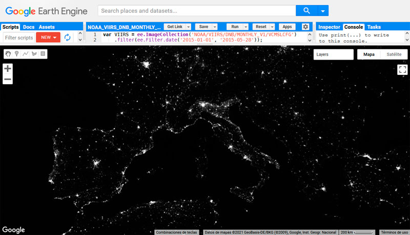 Niveles de contaminación lumínica en Earth Engine