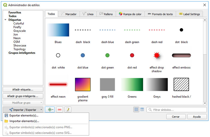 Administrador de estilos para importar simbología en QGIS