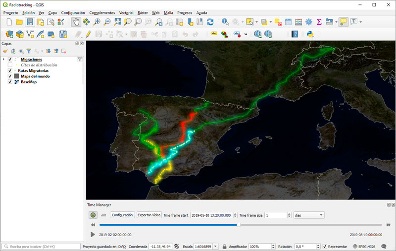 Mapas de radioseguimiento de especies migradoras con QGIS