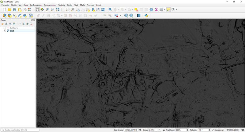 Representación de mapa de sombras hillshade