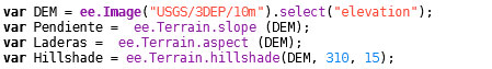 Script para pendientes, laderas y hillshade en Earth Engine