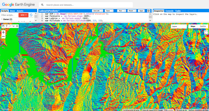 Script para orientación de laderas en Google Earth Engine