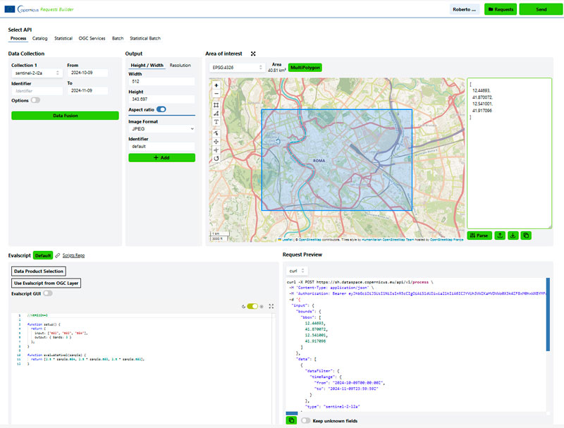 Editor de mapas Copernicus con Request Builder